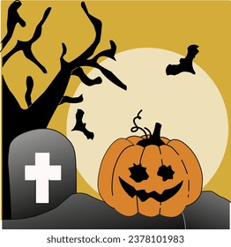 Halloween background design. Happy halloween trick or treat text with cute ghost and pumpkins element for spooky yard party celebration