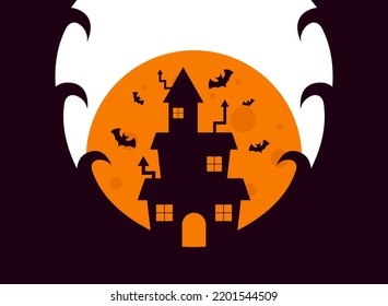 Halloween background design with haunted house on full moon with bats flying in the night sky. Abstract background.