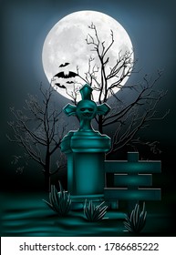 halloween background design, illustration vector tombstone under moon light.