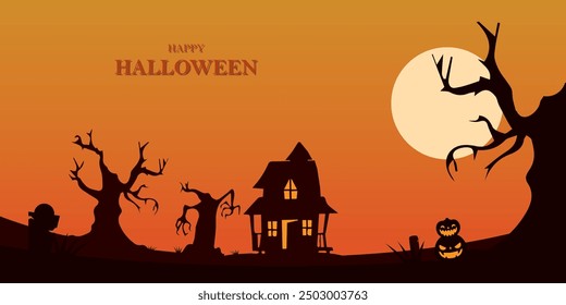 Halloween background design, Halloween night,spooky atmosphere, pumpkin, halloween night silhouette design.