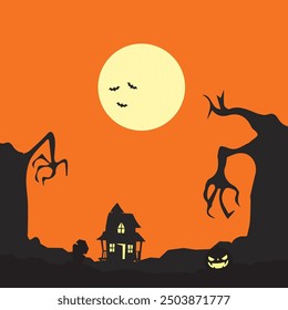 Halloween background design, Halloween night,spooky atmosphere, pumpkin, halloween night silhouette design.