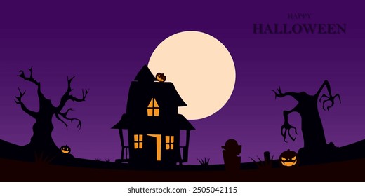 Halloween background design, Halloween night,spooky atmosphere, pumpkin, halloween night silhouette design.