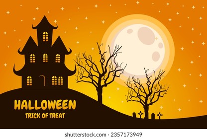 halloween background design with orange color. castle design in cemetery yard.