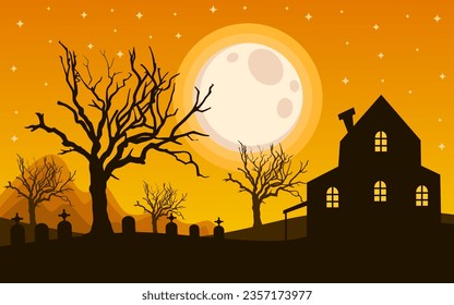 halloween background design with orange color. castle design in cemetery yard.