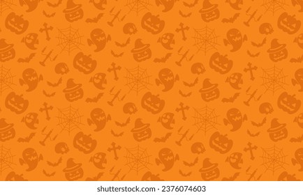 Halloween background design. Pattern designed with spider web, pumpkin, candle, ghost, bats and skull ornament icons. Orange halloween backdrop for website and banner designs. Suitable for printing.