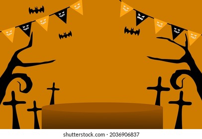 Halloween background design Podium round website banner background, card, poster, pumpkin lantern, yellow and orange, and dark vector background