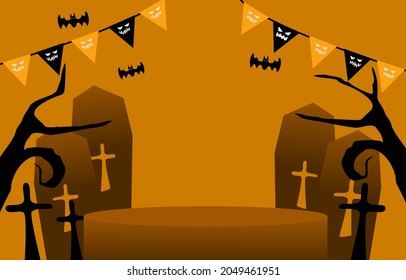 Halloween background design Podium round website banner background, card, poster, pumpkin lantern, yellow and orange, and dark vector background