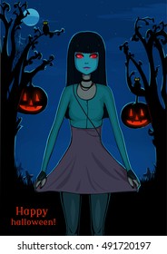 Halloween background for design. Pretty girl with black hair in mask. Cute character. Vector illustration.