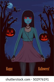 Halloween background for design. Pretty girl with black hair in mask. Cute character. Vector illustration.