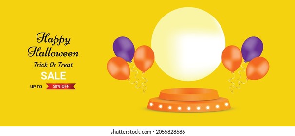 Halloween background design with product display and Festive Elements. Halloween Sale Promotion Poster or banner. Halloween product display 3d Podium round stage.