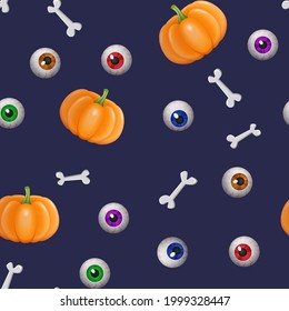 Halloween background for design with pumpkin, bones and eyes. Seamless pattern. Vector illustration