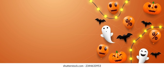 halloween background design with pumpkin, ghost, bat and balloons on orange background