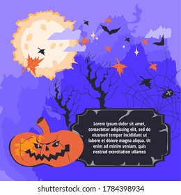 Halloween background design with pumpkin on moon night backdrop. Halloween party invitation template with copy space for advertising text. Cartoon flat vector illustration on purple.