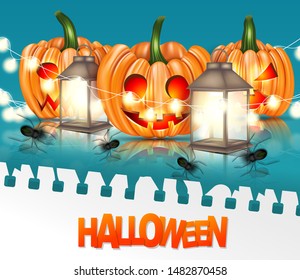 Halloween background design with pumpkins, lantern lamp, garland lights, and spiders. Typography on torn out sheet of paper. Vector illustration.