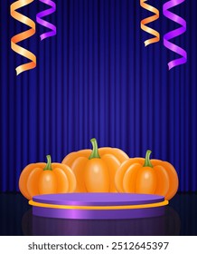 Halloween background for design with purple podium, hanging ribbons and pumpkins on blue curtain. Vector illustration