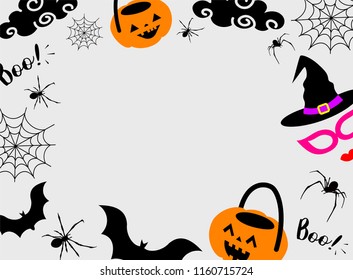 Halloween background design with spiders, bat, cobweb, pumpkin, mask. Silhouettes style. Vector illustration.