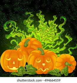 Halloween background design. Spooky halloween pumpkins on the magic foggy background. Vector illustration