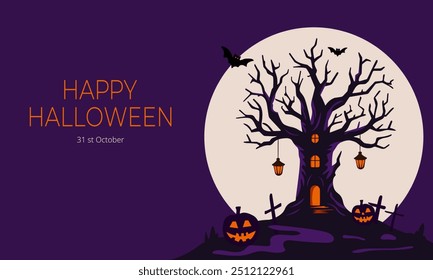 Halloween background design, spooky tree, pumpkins and crosses on the night of All Saints' Eve, October 31, silhouette drawing in vector Halloween Invitation Vector