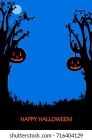 Halloween background for design. Trees and pumpkins. Illustration