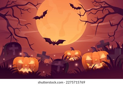Halloween background design vector with glowing pumpkin, scary night landscape of graveyard under the moonlight.