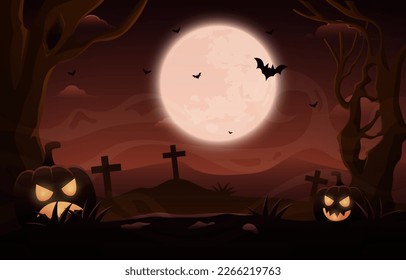 Halloween background design vector with scary night landscape of graveyard and glowing pumpkin under dark moonlight.