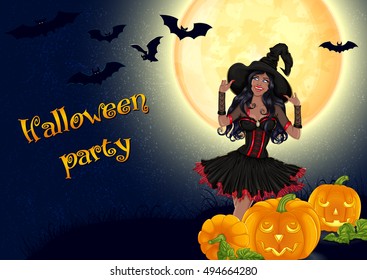 Halloween background design.Vector illustration sexy smiling african american witch with long hair in a hat and Spooky halloween pumpkins on a background of the full moon.