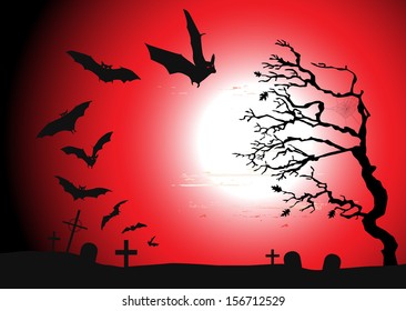 Halloween background - destroyed cemetery in full moon