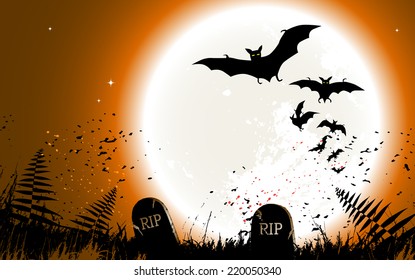 Halloween background - destroyed cemetery in full moon