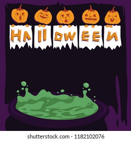 Halloween background with different emotional expressions of pumkin and witch pot.