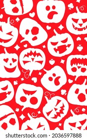 Halloween background. Different white pumpkin face on red background. pumpkin silhouettes