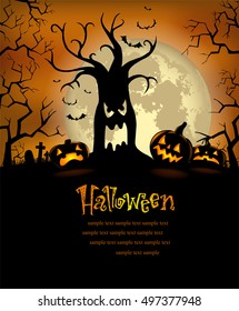 Halloween background with disgusting tree and scary pumpkins