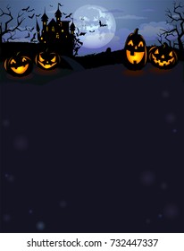 Halloween background with Dracula castle, scary pumpkins, and various silhouettes of flying bats