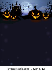 Halloween background with Dracula castle, scary pumpkins, and various silhouettes of flying bats