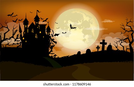 Fondo de Halloween con castillo de Drácula y varias siluetas de murciélagos voladores contra luna llena