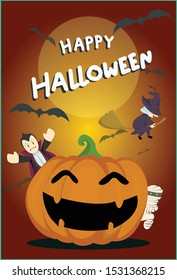 Halloween background, Dracula, witches and mummies come out to celebrate among the full moon and bats of bats.