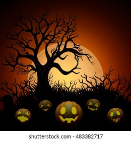 Halloween background with dry tree and pumpkins in graveyard on the moon background .Vector illustration 