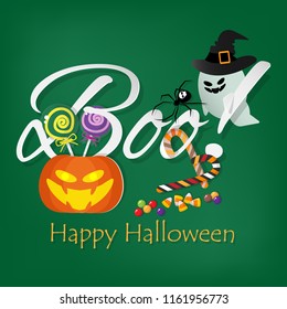 Halloween background of Halloween elements with Halloween pumpkin, cute ghost with witch hat, spiders and Halloween candy with Boo! text on green background. Vector illustration.