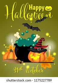 Halloween background of Halloween elements with Halloween pumpkin wearing witches hat, magic pot with bone, broomstick, pumpkin with autumn leaves, candle, flying bats and Happy Halloween text. Design