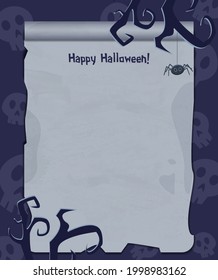 Halloween background with empty sheet of paper, spider and creepy tree branches. Vector illustration