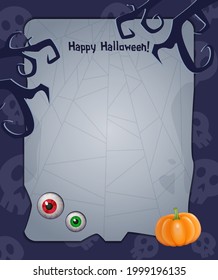 Halloween background with empty sheet of paper, pumpkin, eyes and creepy tree branches. Vector illustration