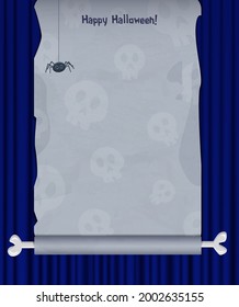 Halloween background with empty sheet of paper, spider and bone on blue curtain. Vector illustration
