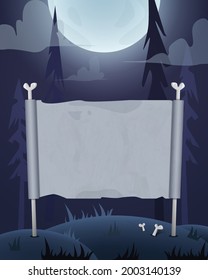 Halloween background with empty sheet of paper, moon and creepy forest. Vector illustration