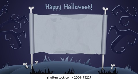 Halloween background with empty sheet of paper and creepy forest. Vector illustration