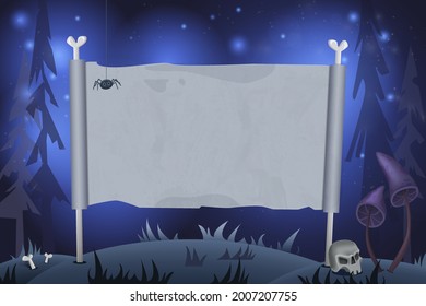 Halloween background with empty sheet of paper, bones, skull and creepy mushrooms. Vector illustration