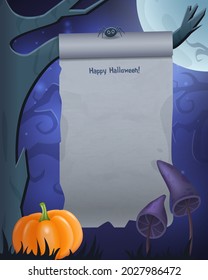 Halloween background with empty sheet of paper on the tree branch and creepy mushrooms