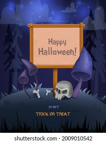 Halloween background with empty wooden desk and creepy mushrooms. Vector illustration