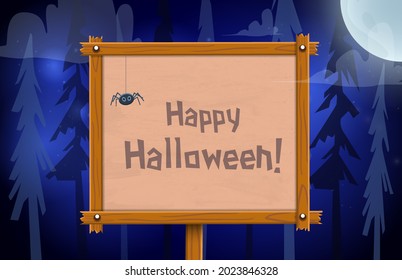 Halloween background with empty wooden desk, moon and creepy forest