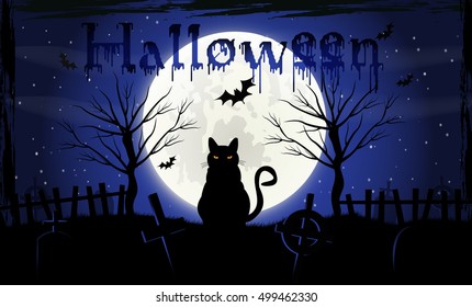 Halloween background. Evil cat on the cemetery in the dark night with full moon. 