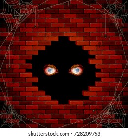 Halloween background with evil eyes in the hole of the brick wall and black spiders on the spiderweb, illustration.