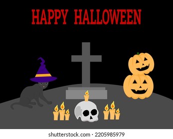 Halloween background with evil pumpkins, grave, black cat and skull
